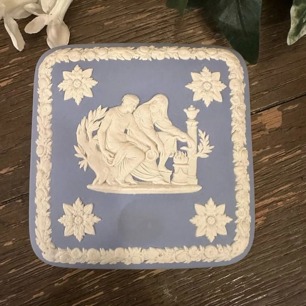Wedgwood Vintage Jasperware Square Box w/Lid Greek Myth‎ Pale Blue